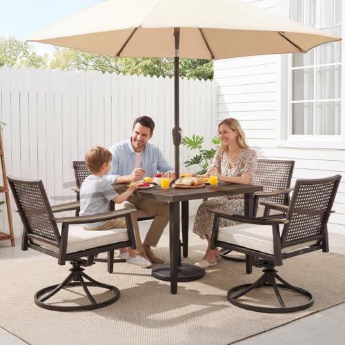 Image of NATURAL EXPRESSIONS Outdoor Dining Set,Patio Table and Chairs Set with 4 Rattan Wicker Swivel Chairs,5 Piece Patio Dining Set for 4,36.6 inch Woodgrain Table with 1.65 inch Umbrella Hole,Patio Sets for Yard