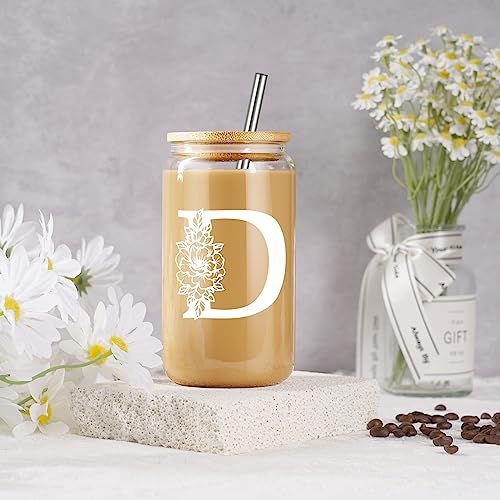 Image of Coolife Initial Glass Cup, Monogrammed Gifts for Women, 16 oz Tumbler w /Lid | Iced Coffee Smoothie Beer Tumbler w /Straw Lid - Personalized Christmas, Birthday Gifts for Woman Her Mom Friend