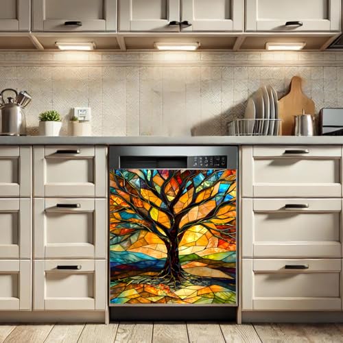 Image of Colorful Tree Dishwasher Magnet Cover for Washers Fridge Cover Panel Decal Home Kitchen Decor,Washing Machine Cabinet Reusable Dishwasher Covers,26 x 23 inch