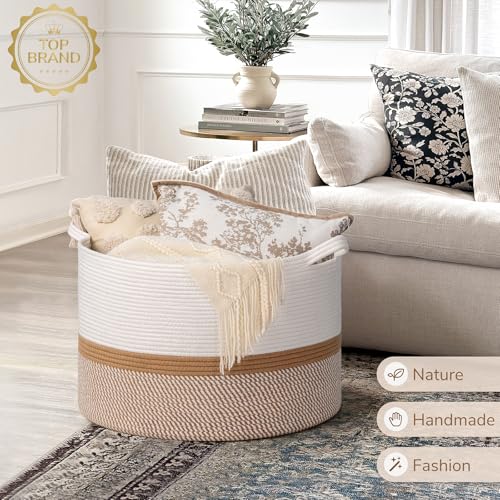 Image of INDRESSME XXXLarge Cotton Rope Basket 21.7 inch x 21.7 inch x 13.8 inch Woven Baby laundry Blanket Basket for Home Decor Living Room Nursery, Toy Storage Baskets for Kids Boys Girls, White & Camel Mix