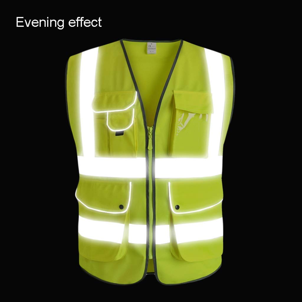 Chaleco de Seguridad para Hombre, Chaleco Reflectante de Seguridad 100% poliéster Cómodo y Transpirable Cremallera/Bolsillo Chalecos Reflectantes de Alta Visibilidad 2 Piezas (Amarillo, L)