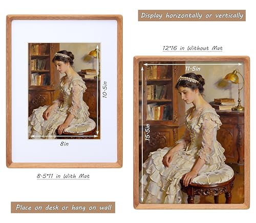 Image of 12x16 Picture Frame with Mat for 8.5x11, USA-Sourced Natural Teak Wood Handcrafted Rounded Corner with Plexiglass, Vertical or Horizontal Display Photo Document Gallery Wall Poster Frame