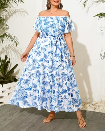 Image of Plus Size Chiffon Off The Shoulder Maxi Long Floral Summer Casual Beach Boho Sundress Women 2024