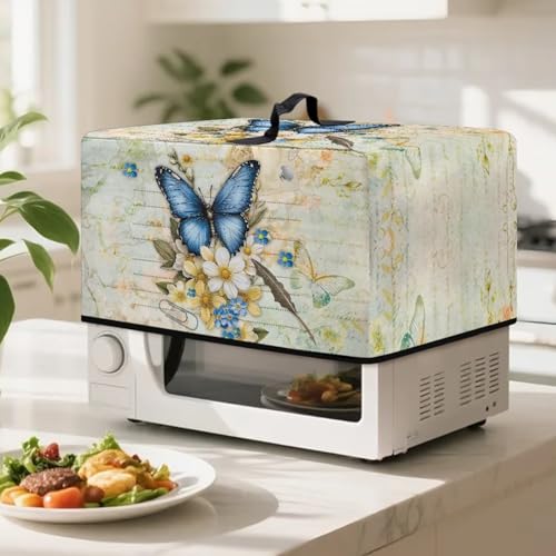 Image of Microwave Oven Dust Cover, Stain-Resistant Kitchen Electrical Appliance Cover Countertop Ovens Decorations, S, 18.25 x 14.5 x 11 Inches, Butterfly Flower Retro Letter Print