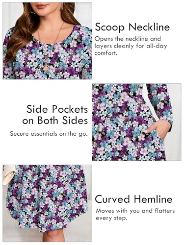 Image of AusLook Women's Plus Size Long Sleeve Midi Dress Casual Empire Waist Loose Flowy Dresses A-Line Boho Long Dress with Pockets