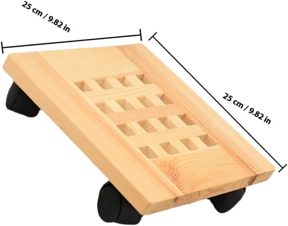 Plant Caddy with Wheels and Square Wood Base 25cm – Rolling Flowerpot Holder for Indoor Outdoor Bonsai Planter Stand, Mobile Pot Tray for Home Decor and Garden Use