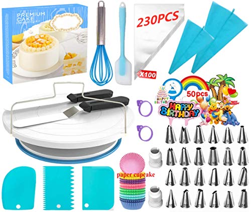 Cake Decorating Kit,Cake Decorating Kit,Muffin Cup Mold,Baking Supplies Set,Numbered Cake Tips,Baking and Piping Set,Cake Turntable,Cake Baking Supplies for Beginners and Cake Lovers (230PCS)