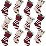 LimBrige Christmas Mini Stockings, 12 Pack 9 inches Knit Knitted Stripe Rustic Holiday Decorations, Goodie Bags for Family Friends, Cream Burgundy