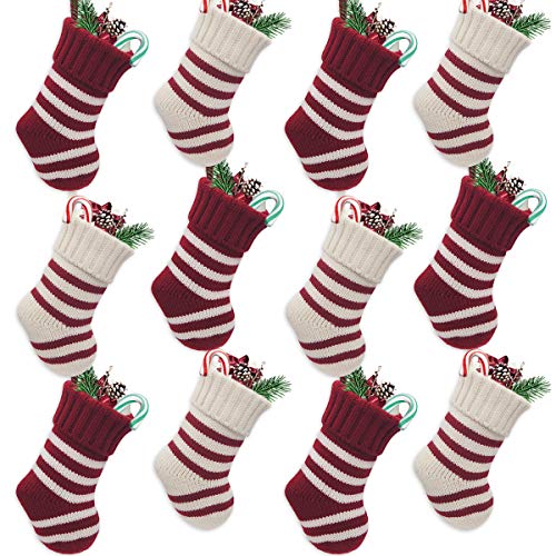 LimBridge Christmas Mini Stockings, 12 Pack 9 inches Knit Knitted Stripe Rustic Holiday Decorations, Goodie Bags for Family Friends, Cream Burgundy