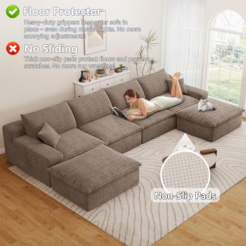 Image of 136 inch Cloud Couch Modular Sectional Sofa for Living Room, U-Shape Boneless Couch with Deep Seat, Modern Corduroy 4-Seater with Ottomans, No Assembly Required, Camel