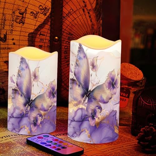 Image of Purple Butterfly Marble Flickering Flameless Candles with Remote LED Pillar Candles Battery Operated with Timer Color Changing Electric Candles Decoration