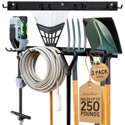 StoreYourBoard Wall-Mounted Rack With 4 Garage Hooks β Heavy-Duty Steel Holder Garage & Garden Storage for Shed