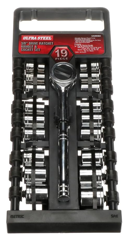 Set of 18 Sockets + 3/8 Ratchet | Metric and Imperial Hex Key Set (SAE) | Basic and Essential Portable Kit, with Everything Needed | 19 Pieces in Total