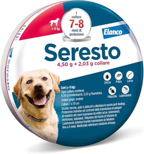 Elanco Seresto Collare antiparassitario, Per cani oltre 8 kg, Elimina pulci, zecche, pidocchi e protegge dal rischio di trasmissione della leishmaniosi fino a 8 mesi, 1 collare