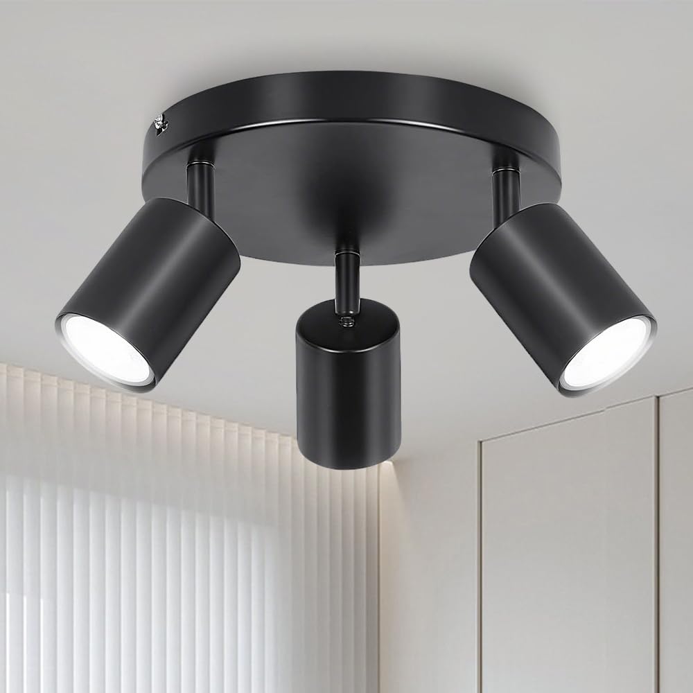 Ccarzzi 3 Way Spotlight Ceiling Lights, Rotatable Matte Black Ceiling Spotlight Fitting, GU10 Industrial LED Ceiling Light for Kitchen, Bedroom, Living Room, Hallway, Bulb Not Included