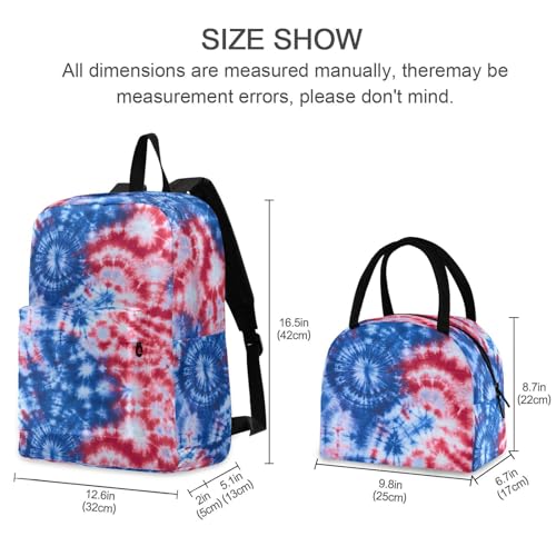 Backpack Lunch Box Set Large Capacity Travel Backpacks and Insulated Lunch Bag for Commute Hiking Picnic Blue Red Tie Dye Print2