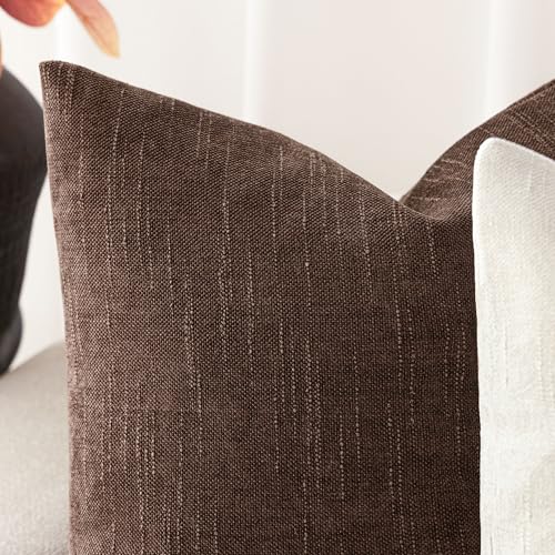 Image of Foindtower Pack of 2 Soft Textured Chenille Throw Decorative Pillow Covers Square Accent Solid Cushion Cover Cozy Neutral Farmhouse Pillow Case for Couch Sofa Bedroom Living Room 18x18 Inch,Red Brown