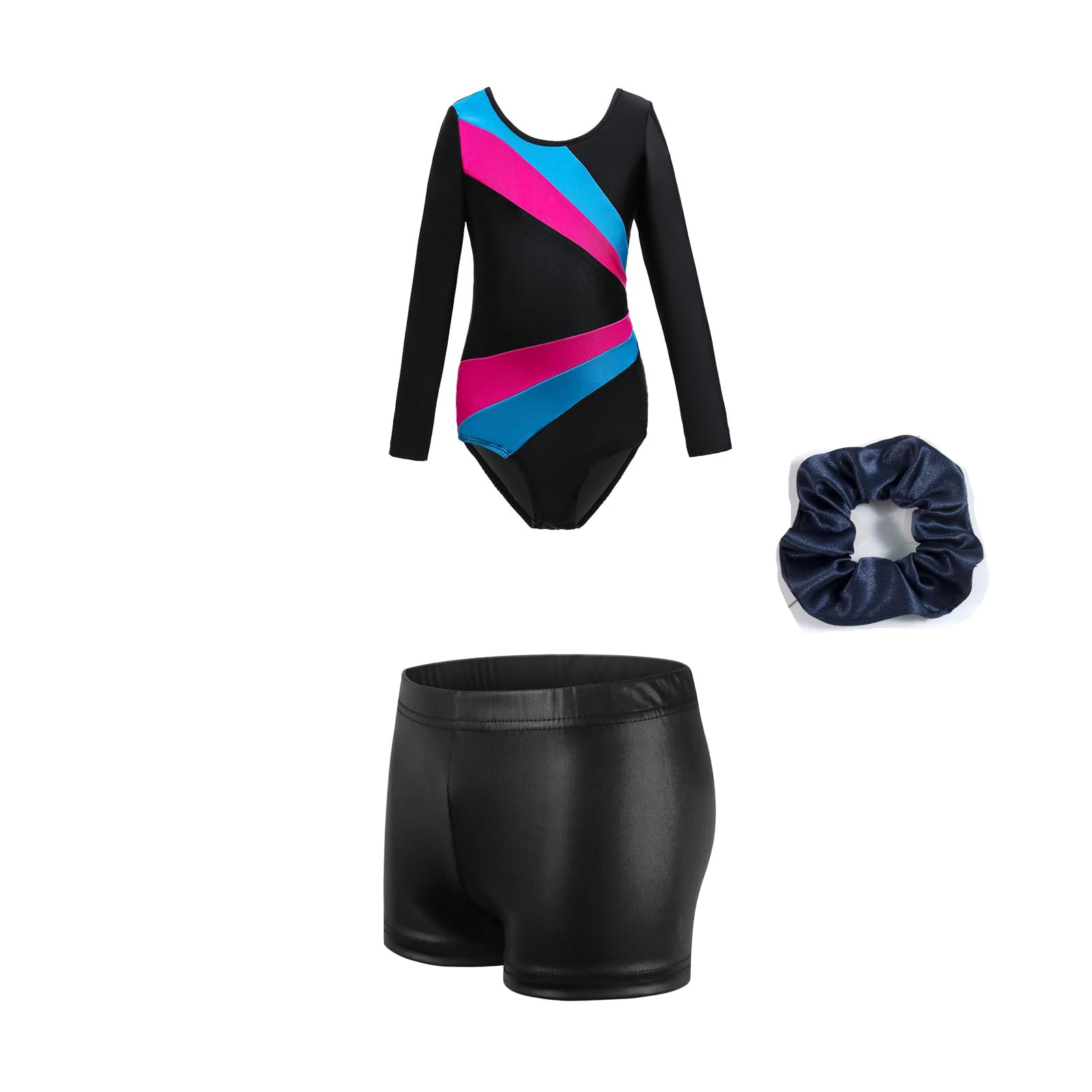 Gavena Girls Gymnastics Leotards Kids Long Sleeve Gymnastics Outfit Set with Dance Shorts and Hairband Toddler Athletic Ballet Bodysuit 5-6 Years Black Blue Red