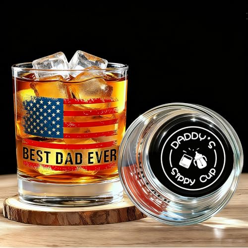 New Dad Gifts - Daddy‘s Sippy Cup Whiskey Glass Gift Set with Ice Ball Mold, 10oz “Best Dad Ever” Patriotic Glass, Funny Unique Present for Father‘s Day, Birthday & Christmas