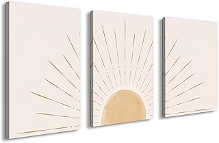 Boho Wall Art Decor Canvas Sun Wall Pictures Mid Century Modern Minimalist Bohemian Wall Art Prints for Living Room Bedroom Bathroom Sunrise on the Horizon Neutral Geometric Illustrations Line Artwork 16"x24" Set of 3, Wooden Framed