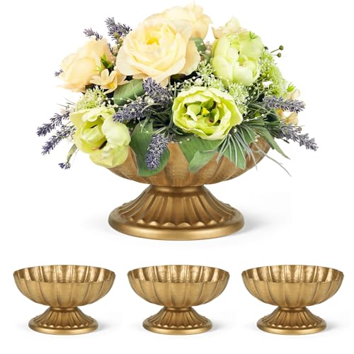 Set of 4, 7'' Wide 3.94'' High Distressed Gold Compote Pedestal Vases, Vintage Antique Urn Gold vases for Centerpieces, Metal Compote Bowl Vase for Wedding Centerpieces