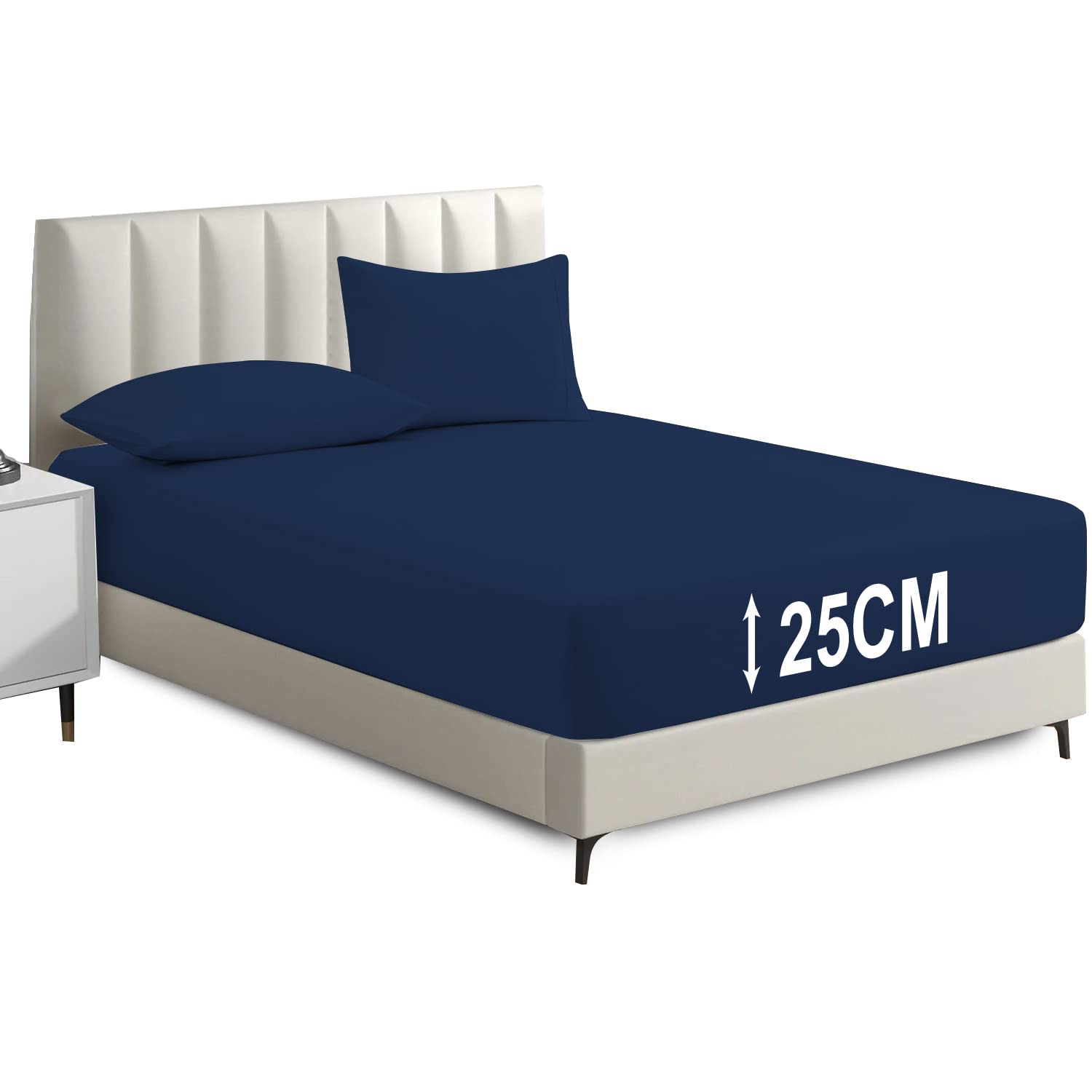 Deep Fitted Sheet 25cm - Plain Dyed Non Iron Polycotton Fitted Bed Sheet Mattress Cover - Elasticated Deep Pocket Bed Mattress Cover (Navy Blue, King)