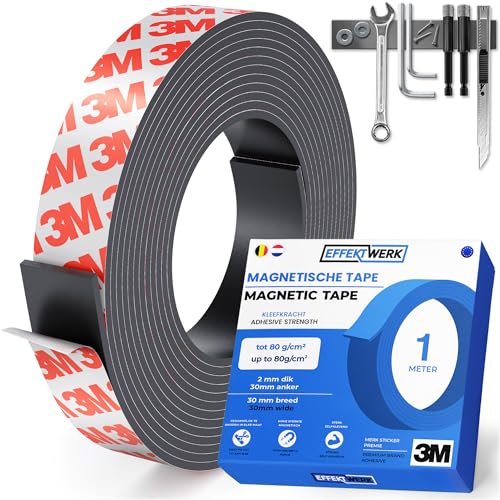 EffektWerk - Magnetische Tape Rol - 1 Meter Lang, 30mm Breed - Magnetische strips met sterke zelfklevende achterkant - Gemakkelijk te snijden en aan te brengen op vlakke oppervlakken