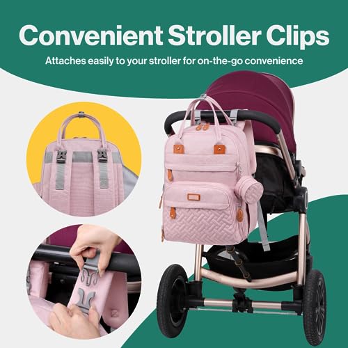 BabbleRoo-Diaper-Bag-Backpack-Baby-Essentials-Travel-Tote-Multi-function-Waterproof-Bag-with-Changing-Pad-Stroller-Straps-Pacifier-Case-Unisex-Pink