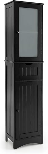 Tangkula Armario de almacenamiento de baño de 67 pulgadas de alto, torre de lino independiente delgada con 2 puertas y 1 cajón, gabinete de piso de