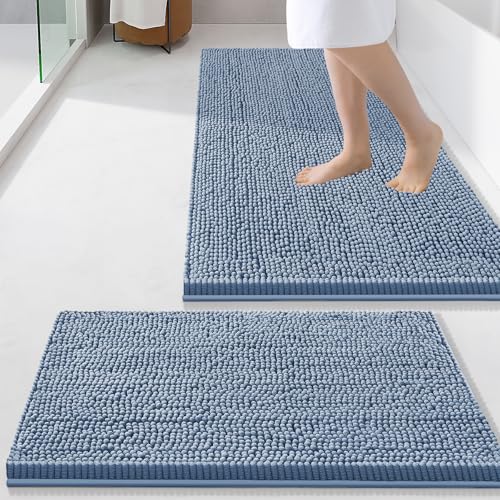 Image of Smiry Bathroom Rugs Sets 2 Piece, Soft Absorbent Chenille Machine Washable Non Slip Shaggy Bath Rug Set for Tub, Shower, and Floor (30x20+24x16, Grayish Blue)