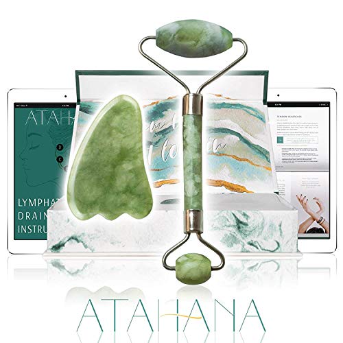 Jade Roller and Gua Sha Set - 100% Natural Jade Stone Roller & Gua Sha - Video Tutorial & Ebook Included - Real Jade Roller for Face