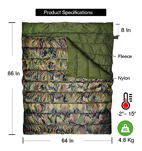 Image of Army Couple 2 in 1 Sleeping Bag! Temperature -2 to 15 Degree Celsius ! Weight 4.8 Kg! Warm and Comfortable Sleeping Bag Great for Camping or Hunting! Perfect for a Family Campout!
