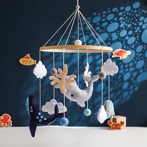Ikubigu Montessori Baby Mobile For Crib Ocean Animals Crib Mobile Woodland Nursery Decor Soothe Toys For Ceiling Hanging Felt Ball Sea Blue Whale thumb #7