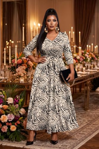 Image of Runwind Plus Size Wrap Dress for Women, Maxi A-Line Dresses with Belt | Versatile maxi for weddings church holiday parties, 3 /4 Sleeve V-neck with pcckets, soft stretchy fabric, 1X-6X