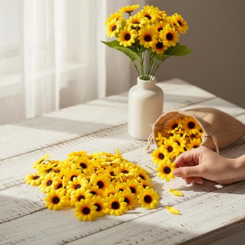 Image of Artificial Mini Sunflower Heads - Pack of 100, Yellow Silk Sunflowers for DIY Crafts, Flowers for Hair Styling, Home Office Decor, Bouquets, Scrapbooking & Party Decorations (100)