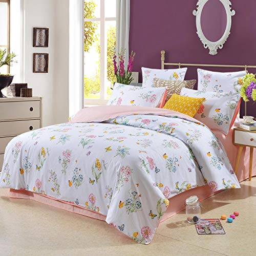Softta Vintage Shabby Butterfly Bedding Set Floral Girls Queen 3 Pcs Duvet Cover Pink Princess Green Leaves Bedding 100% Egyptian Cotton 800 Thread Count Morning Glory Ivory White #TOP1