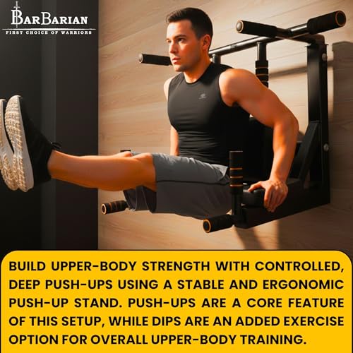 Image of BARBARIAN Heavy Duty Wall Mount Pull Up Bar 3-in-1, Chin Up Bar & Dip Station for Home Gym, Multi-Grip Strength Training Equipment with Steel Frame & 150kg Capacity