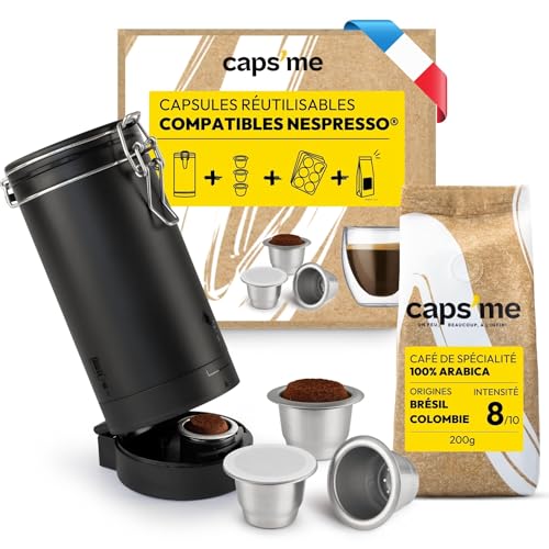 CAPS ME - Kit Complet Capsule Rechargeable pour Nespresso Original (1 Shaker + 3 Dosettes Réutilisables en Inox + 48 Couvercles Opercules en Papier + Café...