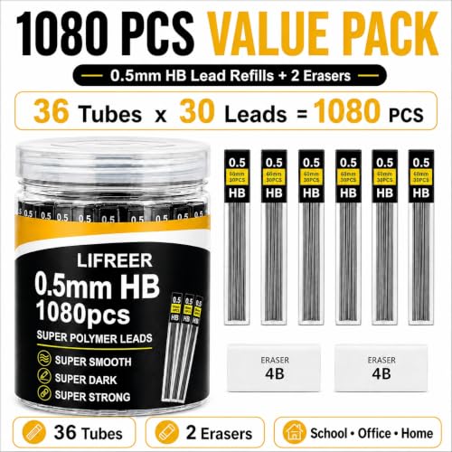 Image of 0.5 Lead Refills (1080 Pcs), Unbreakable 0.5 mm Lead Refills and 2 Premium Erasers, Long Lasting HB Pencil Lead 0.5 Refill,Mechanical Pencil Lead 0.5mm for Students & Professionals
