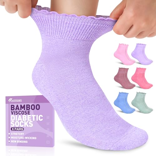 Revosoxs Womens Diabetic Socks - 6 Pairs Non Binding Stretchy Wide Bamboo Seamless Diabetic Ankle Socks for Women Size 9-11(Bright Colors-Medium)