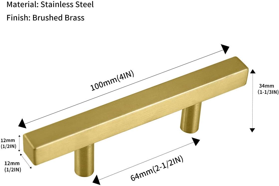 Gold Kitchen Cabinet Handles:Hole Center 3” Square Gold Furniture Pulls and Handles,Euro Style Bar Handle Pull Total Length 5inch Dresser Handles10Pack, Hole Center:3" (76mm)
