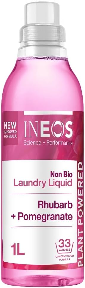 INEOS Next-Gen Non Bio Laundry Washing Liquid Detergent, 33 Washes (1L), High Performance Stain Remover For Clothes, Plant Powered, For Sensitive Skin, Rhubarb + Pomegranate, Packaging May Vary