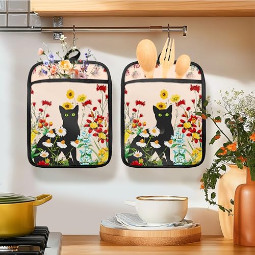 Agarraderas de gato negro para una cocina botánica y resistente al calor 3