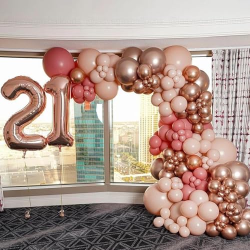 Image of Jobkoo Dusty Blush Pink Balloons, Retro Pink Metallic Chrome Rose Gold Confetti White Sand Nude Balloon Dusty Rose Apricot Beige Party Balloons for Birthday Boho Mothers Day Baby Shower Decorations