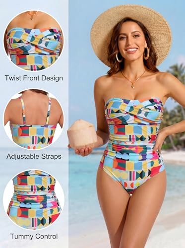 Image of Smismivo Tummy Control Swimwear Strapless One Piece Swimsuit Ruched Bathing Suits for Women Slimming Bandeau Tube Top Bikini
