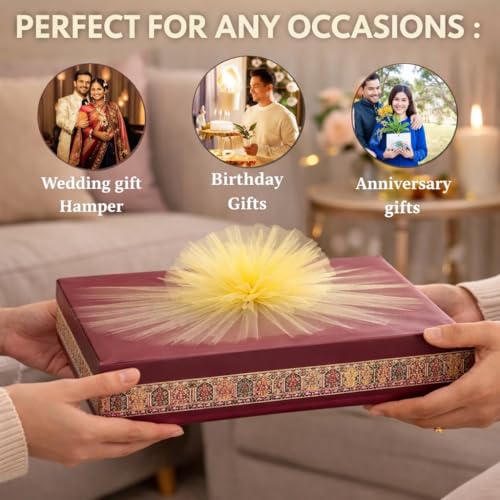 Image of SATYAM KRAFT 3 Pcs Multipurpose Decorative Folding Gift Box, Gift hampers | Paper Gift Hamper Boxes for wedding Return Gifts, Sweets, DIY Craft | Rectangular Cardboard Tray with Net (Maroon)