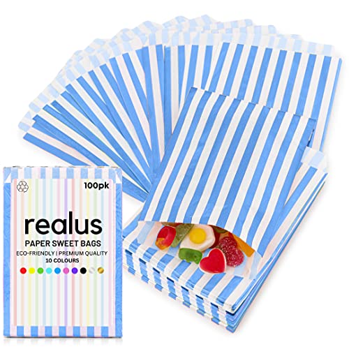 Blue Paper Sweet Bags 5 x 7 | REALUS 100pk Small Empty Sweets Bag | MADE IN BRITAIN | Retro Candy Stripe Sweetie Bags Perfect for Kids Party Pic n Mix Shop Wedding Favours Popcorn