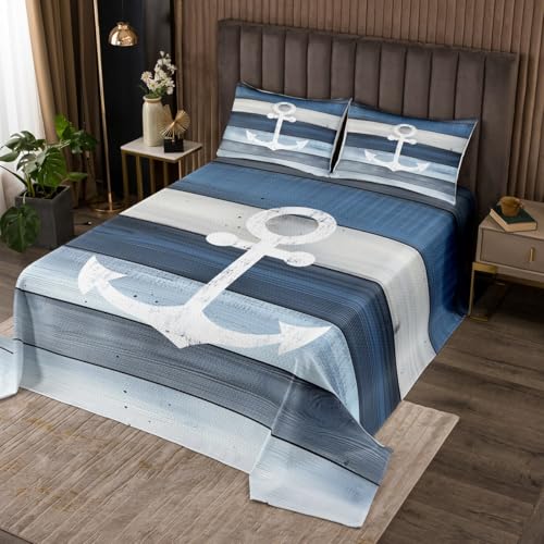 Homemissing Blauer Anker Dekor Bettüberwurf Nautische Steppdecke für Kinder Ozean Meer Abenteuer Küste Marine Holz Tagesdecke 170x210cm Zimmer Dekor Wohndecke Weich