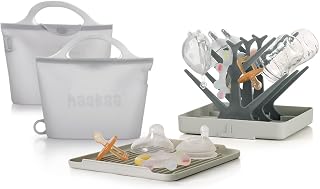 Haakaa On-The-Go Silicone Microwave Steamer,Steriliser Bag, 40oz/1250ml Reusable Silicone Steaming Bags & Portable Baby Bottle Drying Rack with Tray（Grey/2PCS & Grey）