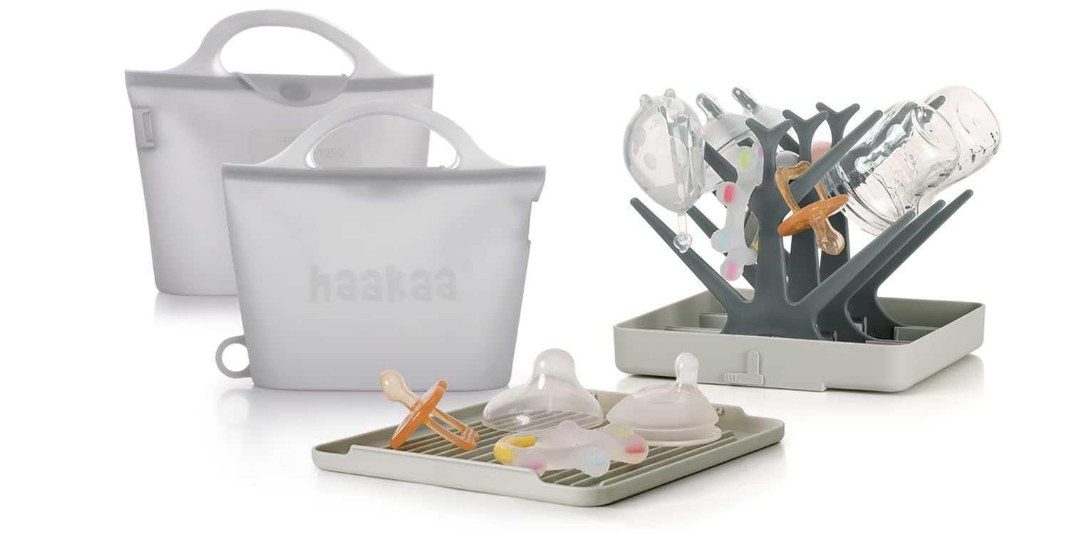 Haakaa On-The-Go Silicone Microwave Steamer,Steriliser Bag, 40oz/1250ml Reusable Silicone Steaming Bags & Portable Baby Bottle Drying Rack with Tray（Grey/2PCS & Grey）